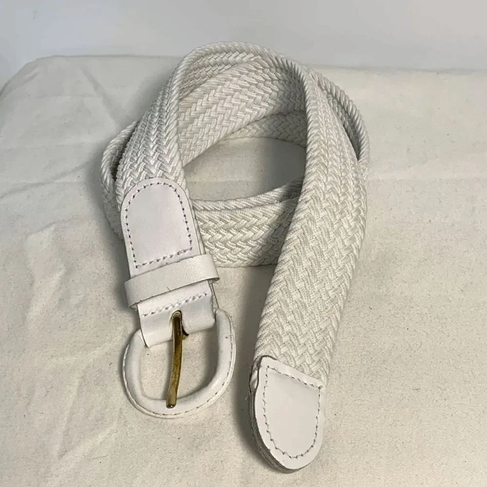 White Fabric Braided Leather Buckle Trim Belt